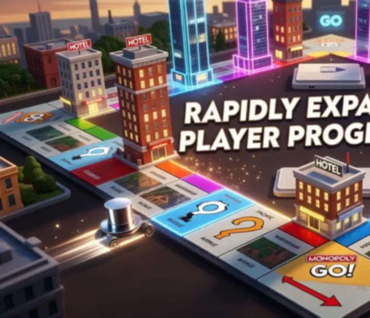 Strategia rozbudowy planszy w MONOPOLY GO! przedstawiona na kolorowej planszy