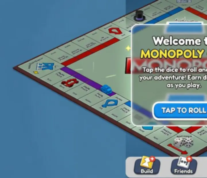 Zrzut ekranu z interfejsem gry MONOPOLY GO! prezentujący podstawowe elementy planszy