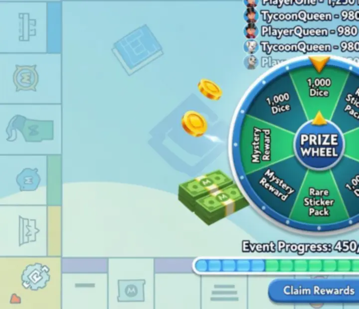 Widok wydarzenia sezonowego w MONOPOLY GO! z kolorowymi nagrodami